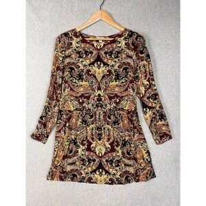 J Jill Tunic Blouse Women M Relaxed Fit Pinot Baroque Paisley Wine Red